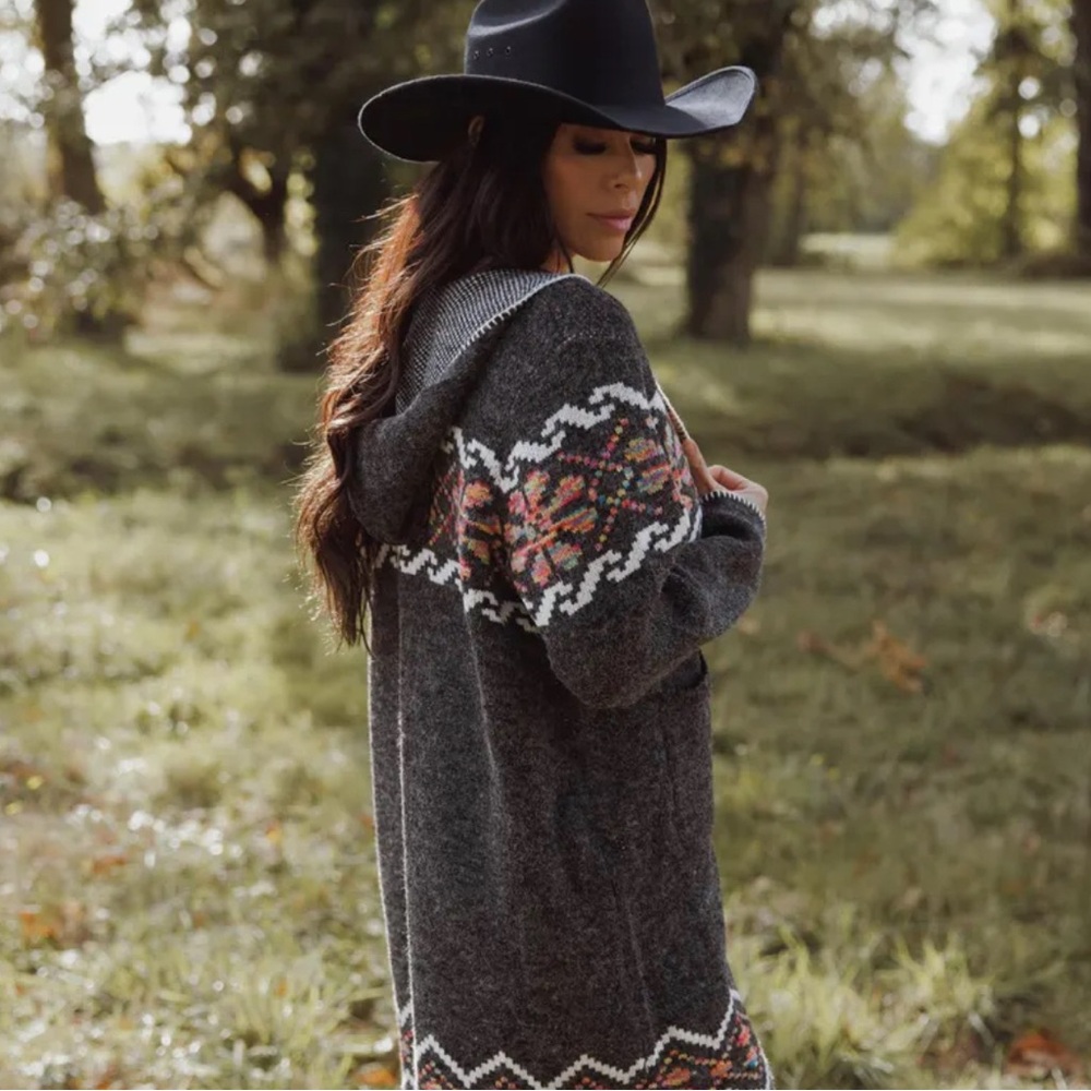 Tribal Print Hooded Cardigan: Western Cowichan Inspired Sweater Southwest Boho